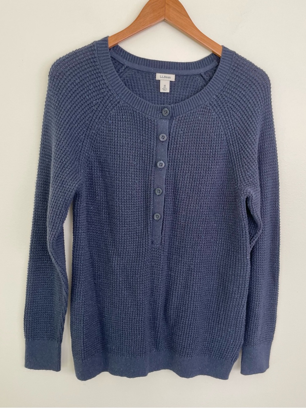 LL Bean Waffle Knit Organic Cotton Blend Henley Sweater in Navy Blue M Medium
